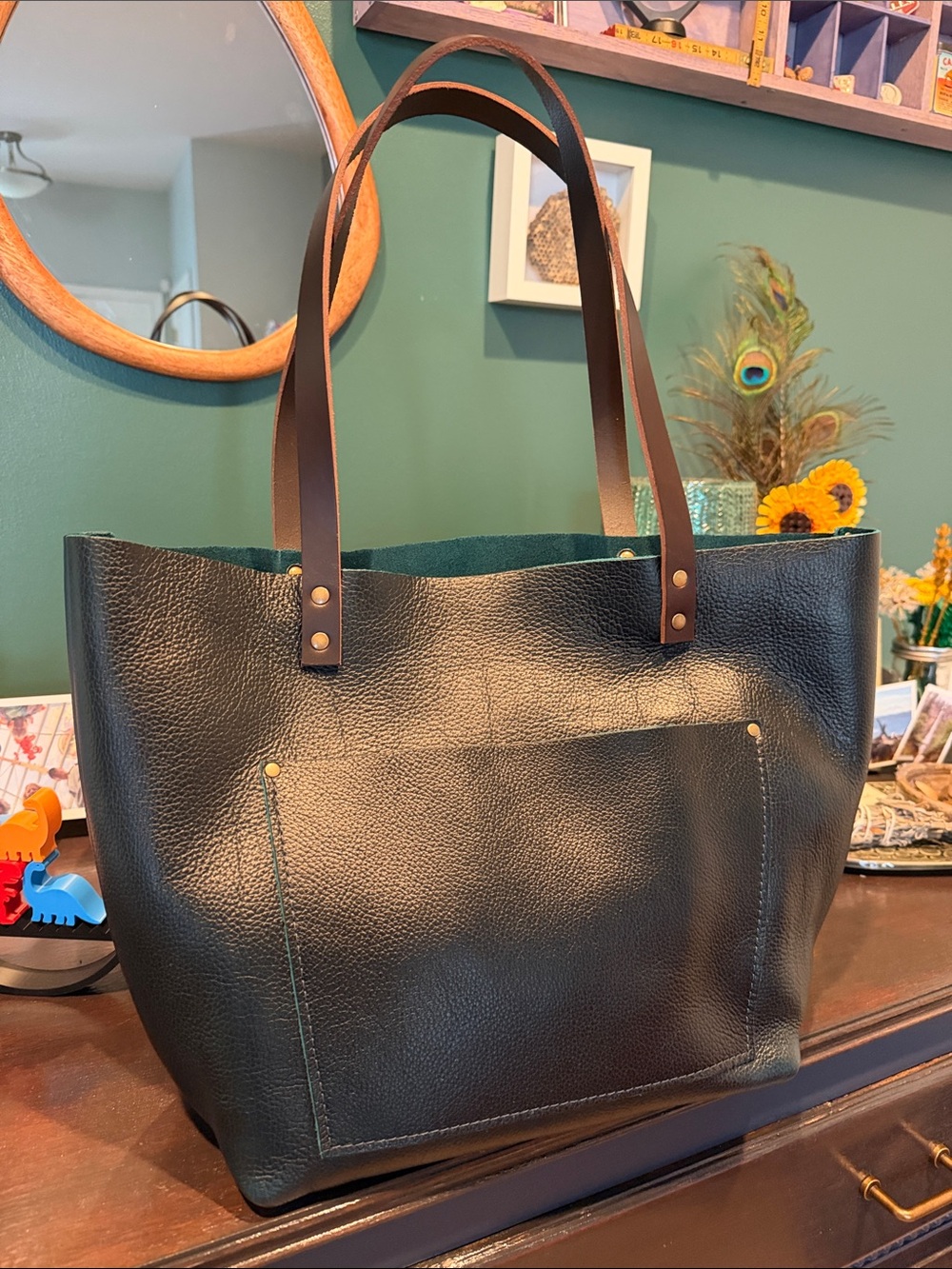Blue Leather Tote Bag with Brown Handles from Portland Leather - Unicorn